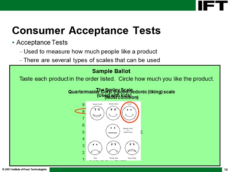 © 2007 Institute of Food Technologists 14 Consumer Acceptance Tests Acceptance Tests Used to